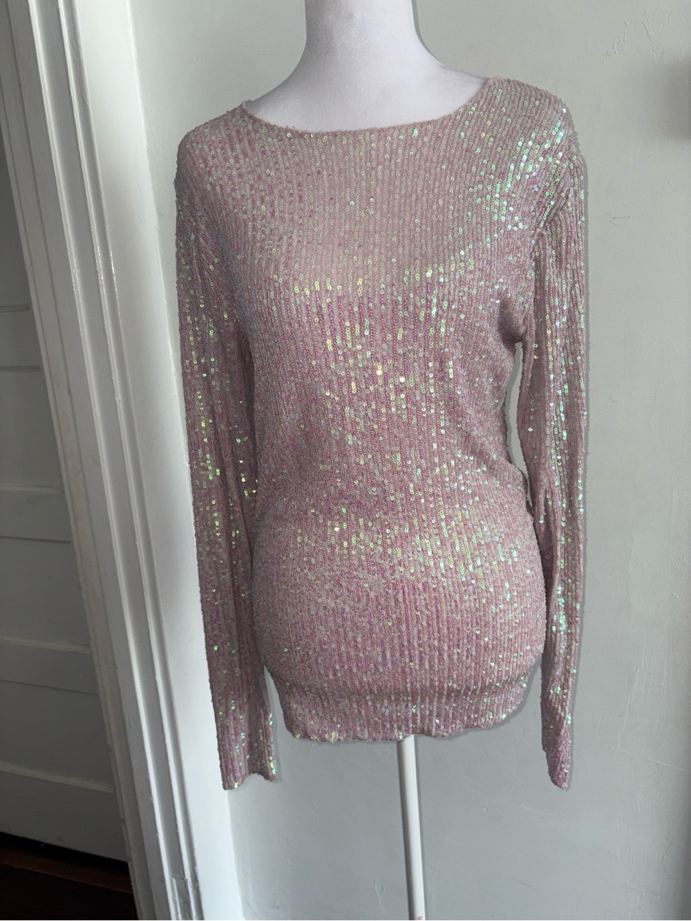 Free People Iridescent Sequin Ribbed Long-Sleeve Top - Light Pink - Picture 3 of 6